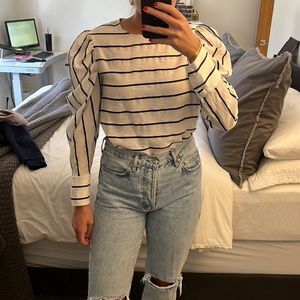 Zara puffed sleeve black and white striped top